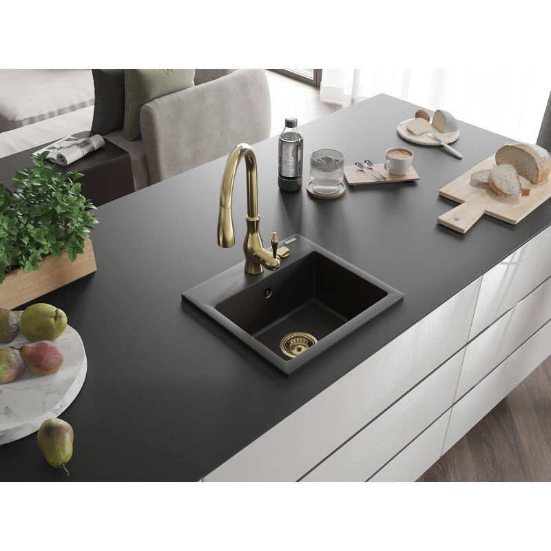 Mexen Milo granite sink 1-bowl with Savita kitchen tap, black - 6505-77-672601-50