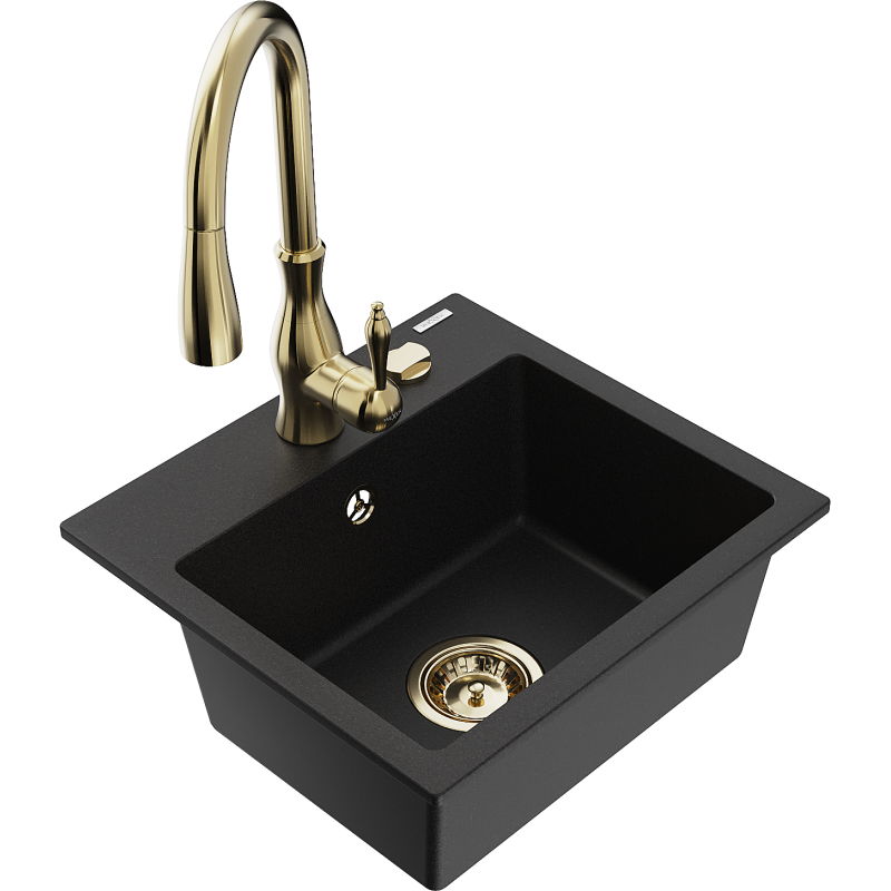 Mexen Milo 1-compartment granite sink with a kitchen mixer tap Savita, Black - 6505-77-672601-50
