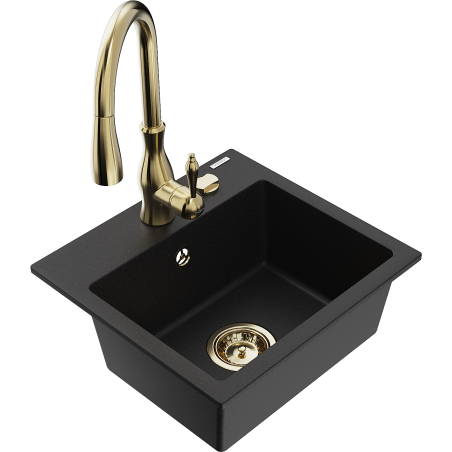 Mexen Milo granite kitchen sink 1-bowl with Savita kitchen faucet, black - 6505-77-672601-50