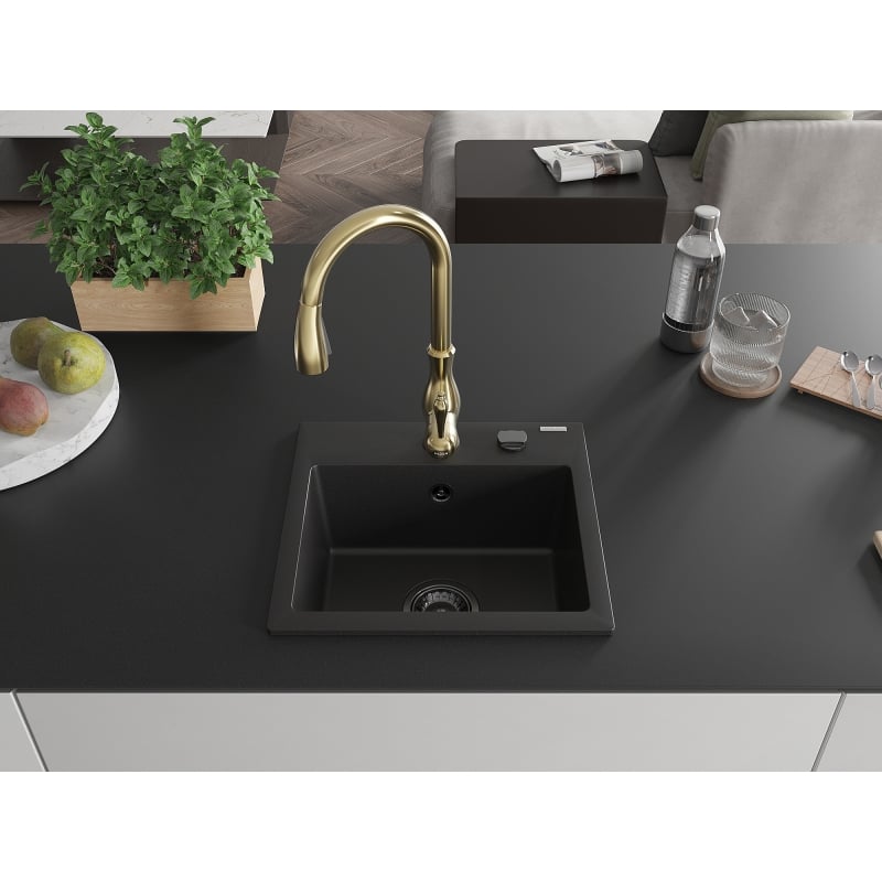 Mexen Milo 1-bowl granite sink with Savita kitchen faucet, black - 6505-77-672601-50-B