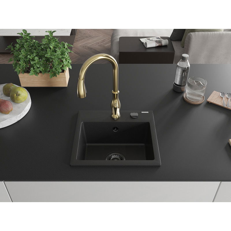 Mexen Milo single-bowl granite sink with Savita kitchen tap, black - 6505-77-672601-50-B