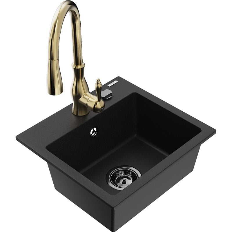 Mexen Milo 1-bowl granite sink with Savita kitchen faucet, black - 6505-77-672601-50-B
