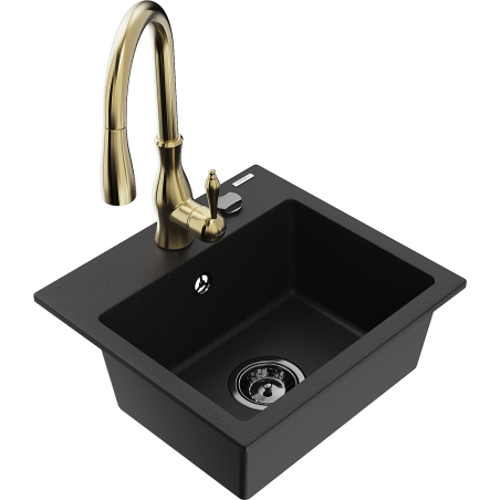 Mexen Milo 1-bowl granite sink with Savita kitchen faucet, black - 6505-77-672601-50-B