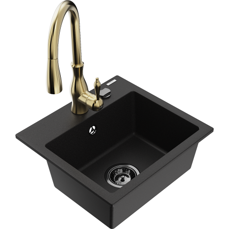 Mexen Milo 1-compartment granite sink with a kitchen mixer tap Savita, Black - 6505-77-672601-50-B