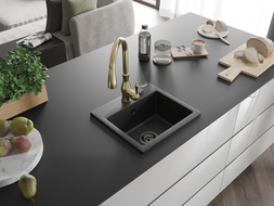Mexen Milo 1-compartment granite sink with a kitchen mixer tap Savita, Black - 6505-77-672601-50-B