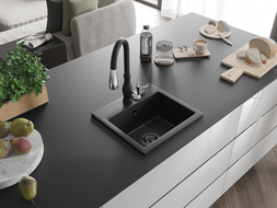 Mexen Milo Granite Sink 1-Bowl with Savita Kitchen Tap, Black - 6505-77-672601-70-B