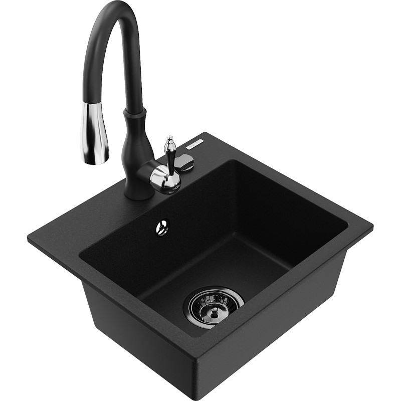 Mexen Milo 1-bowl granite sink with Savita kitchen faucet, black - 6505-77-672601-70-B