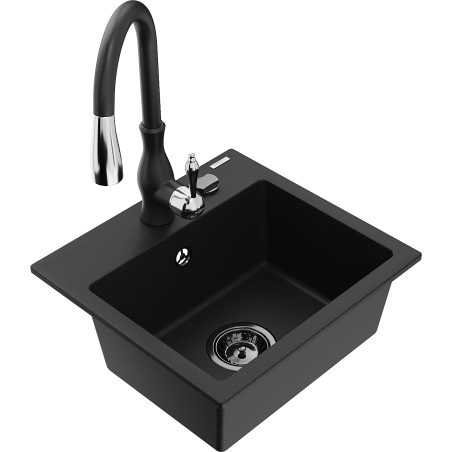 Mexen Milo 1-bowl granite sink with Savita kitchen faucet, black - 6505-77-672601-70-B