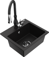 Mexen Milo granite sink 1-bowl with Savita kitchen faucet, black - 6505-77-672601-70-B