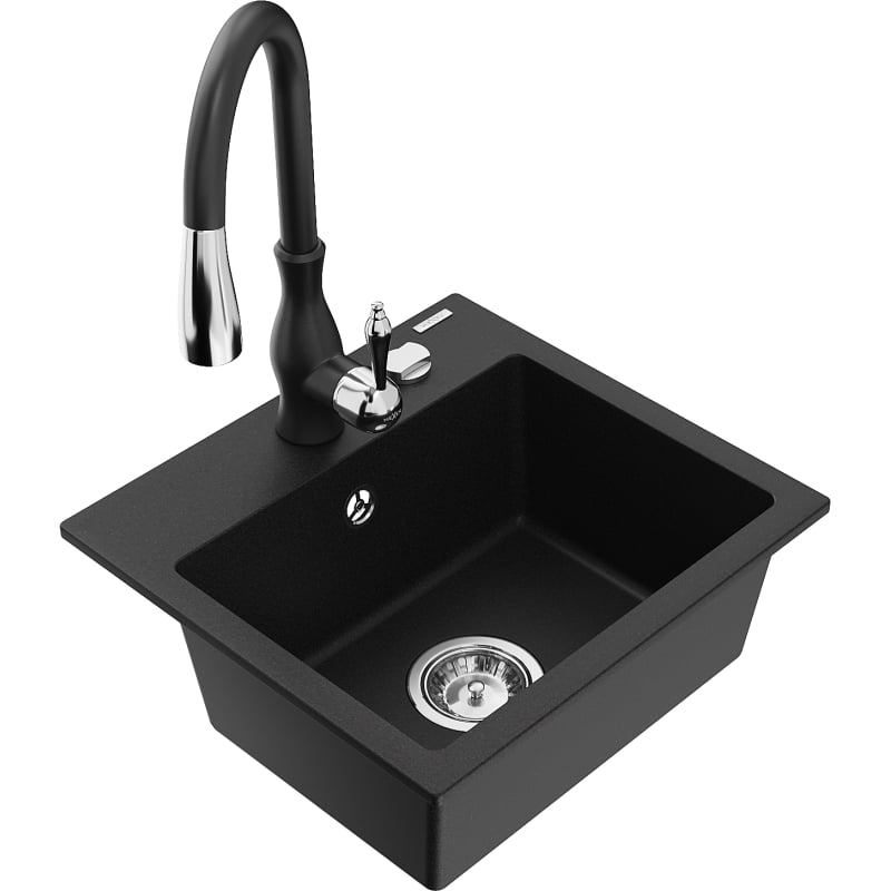 Mexen Milo granite single-bowl sink with Savita kitchen faucet, black - 6505-77-672601-70