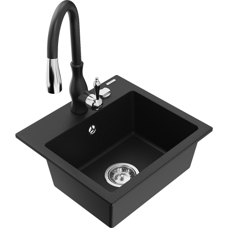 Mexen Milo 1-bowl granite sink with Savita kitchen faucet, black - 6505-77-672601-70