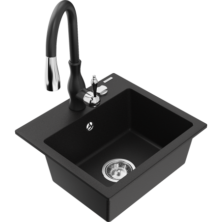 Mexen Milo single-bowl granite sink with Savita kitchen tap, black - 6505-77-672601-70