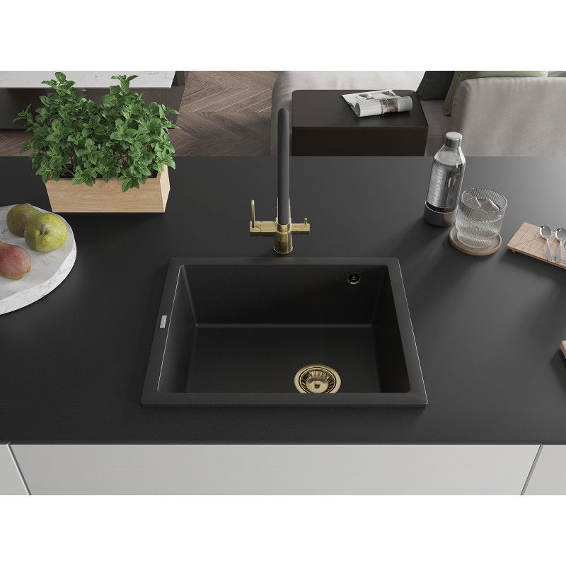 Mexen Pedro 1-bowl granite sink 560 x 460 mm, black, golden siphon - 6508561000-77-G