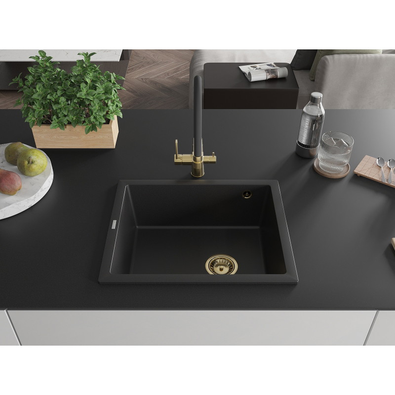 Mexen Pedro Granite Sink 1-Bowl 560 x 460 mm, Black, Gold Siphon - 6508561000-77-G