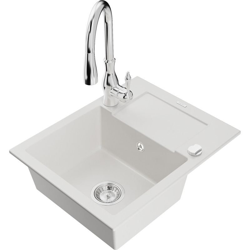 Mexen Enzo granite kitchen sink 1-bowl with drainer and Savita kitchen faucet, white - 6506-20-672601-00