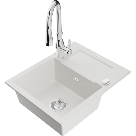 Mexen Enzo 1-compartment granite sink with a drip tray and kitchen mixer tap Savita, White - 6506-20-672601-00