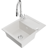 Mexen Enzo 1-compartment granite sink with a drip tray and kitchen mixer tap Savita, White - 6506-20-672601-00