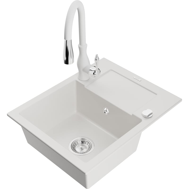 Mexen Enzo 1-bowl granite sink with drainer and Savita kitchen faucet, white - 6506-20-672601-20