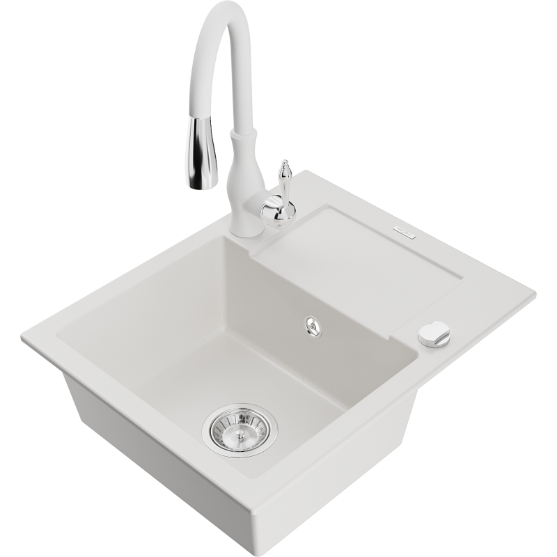 Mexen Enzo 1-bowl granite sink with drainer and Savita kitchen tap, white - 6506-20-672601-20