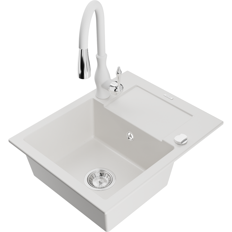 Mexen Enzo 1-compartment granite sink with a drip tray and kitchen mixer tap Savita, White - 6506-20-672601-20