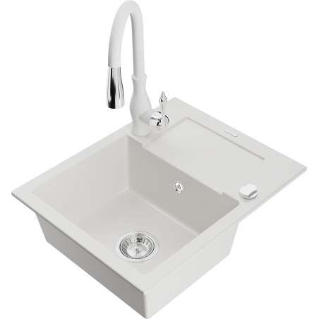 Mexen Enzo 1-bowl granite sink with drainer and Savita kitchen tap, white - 6506-20-672601-20
