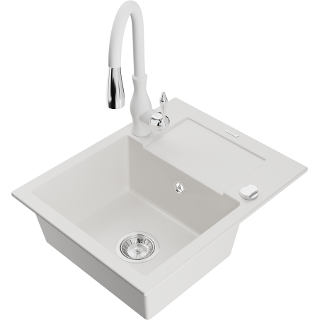 Mexen Enzo 1-compartment granite sink with a drip tray and kitchen mixer tap Savita, White - 6506-20-672601-20
