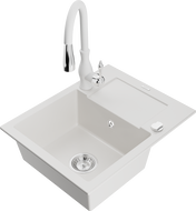 Mexen Enzo 1-compartment granite sink with a drip tray and kitchen mixer tap Savita, White - 6506-20-672601-20