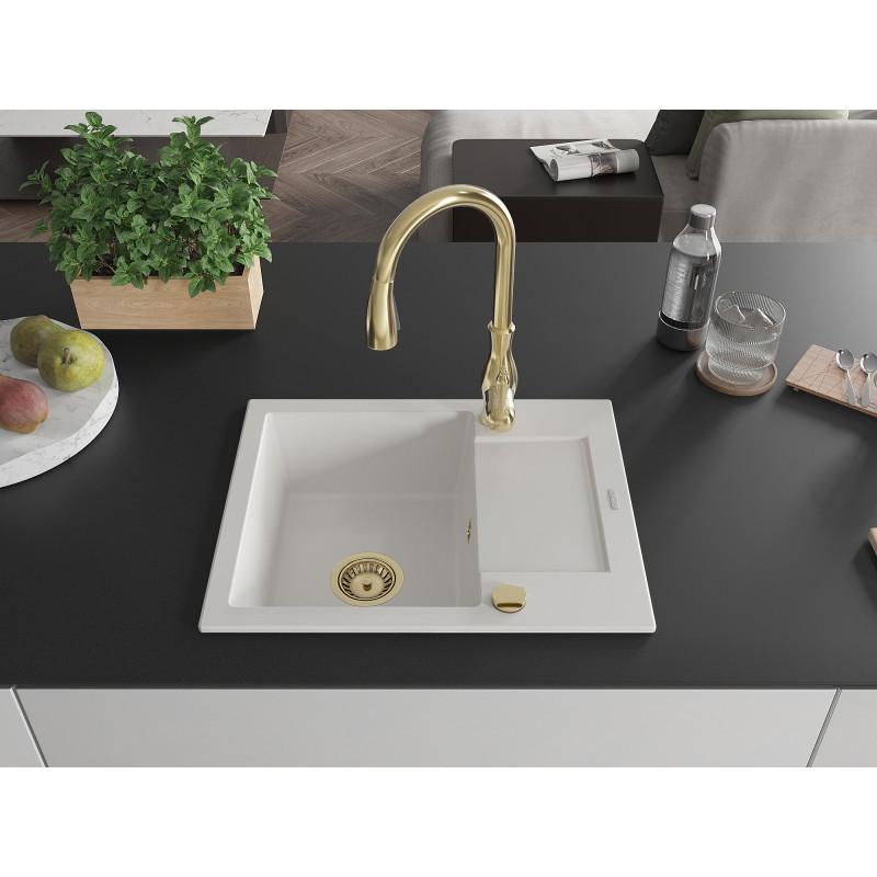 Mexen Enzo 1-bowl granite kitchen sink with drainer and Savita kitchen faucet, white - 6506-20-672601-50