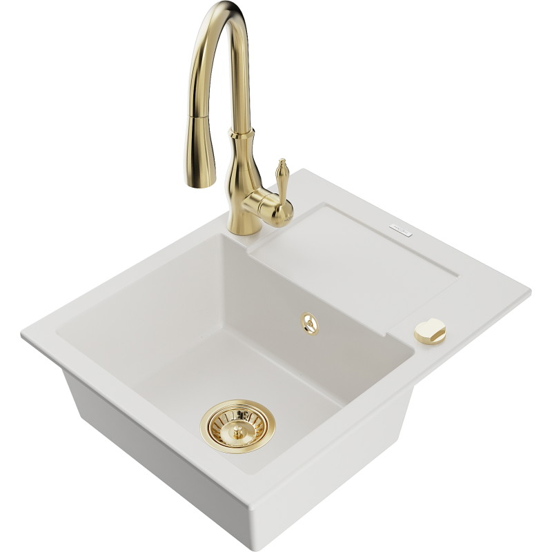 Mexen Enzo 1-bowl granite kitchen sink with drainer and Savita kitchen faucet, white - 6506-20-672601-50
