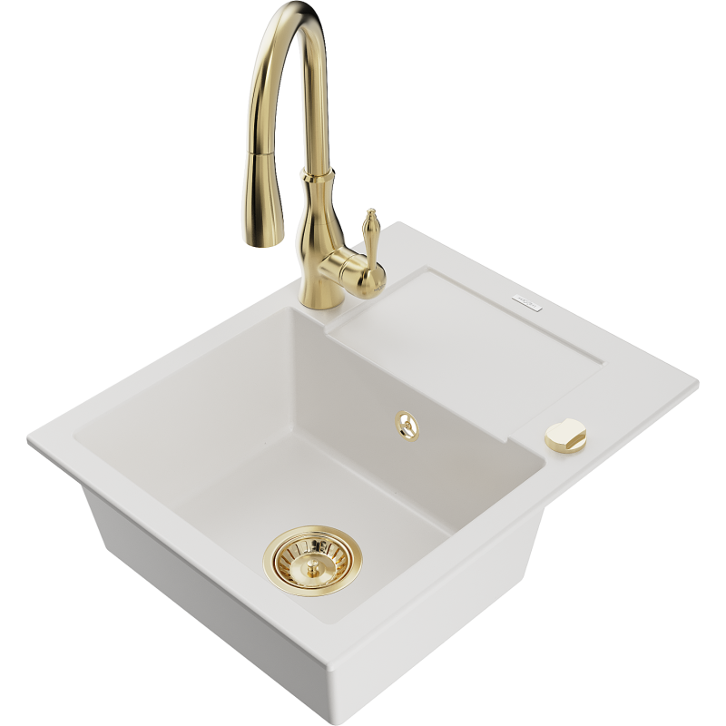 Mexen Enzo 1-compartment granite sink with a drip tray and kitchen mixer tap Savita, White - 6506-20-672601-50