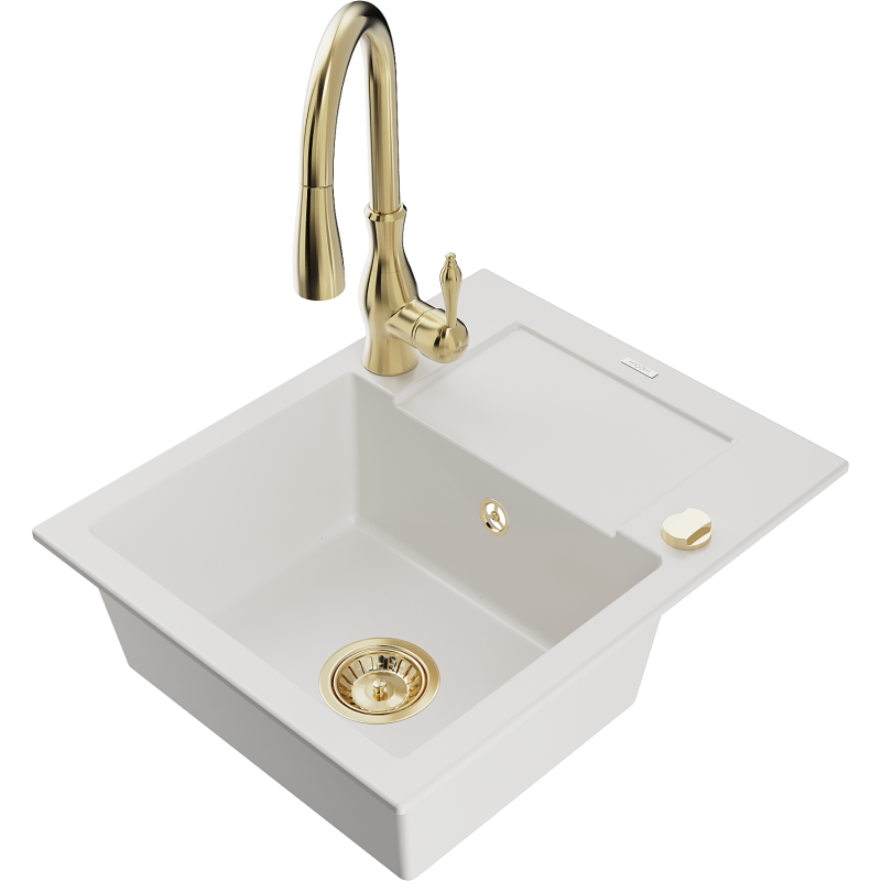 Mexen Enzo granite sink 1-bowl with drainer and Savita kitchen tap, white - 6506-20-672601-50