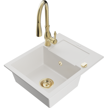 Mexen Enzo 1-compartment granite sink with a drip tray and kitchen mixer tap Savita, White - 6506-20-672601-50
