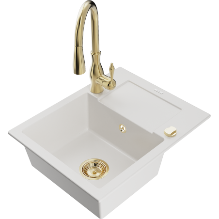 Mexen Enzo granite sink 1-bowl with drainer and Savita kitchen tap, white - 6506-20-672601-50