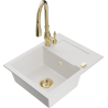 Mexen Enzo 1-bowl granite kitchen sink with drainer and Savita kitchen faucet, white - 6506-20-672601-50