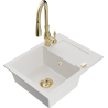 Mexen Enzo 1-compartment granite sink with a drip tray and kitchen mixer tap Savita, White - 6506-20-672601-50
