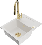 Mexen Enzo 1-bowl granite kitchen sink with drainer and Savita kitchen faucet, white - 6506-20-672601-50