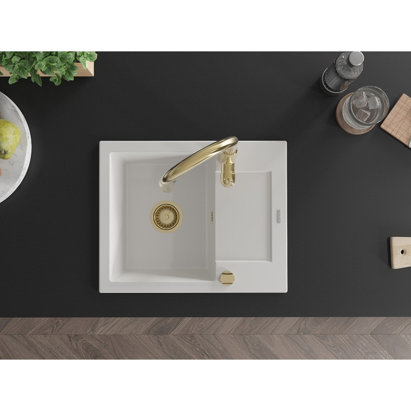 Mexen Enzo 1-bowl granite kitchen sink with drainer and Savita kitchen faucet, white - 6506-20-672601-50