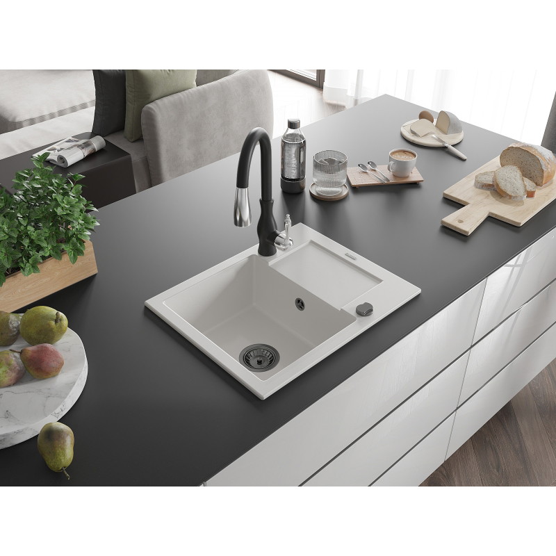 Mexen Enzo granite kitchen sink 1-bowl with drainer and Savita kitchen faucet, white - 6506-20-672601-70