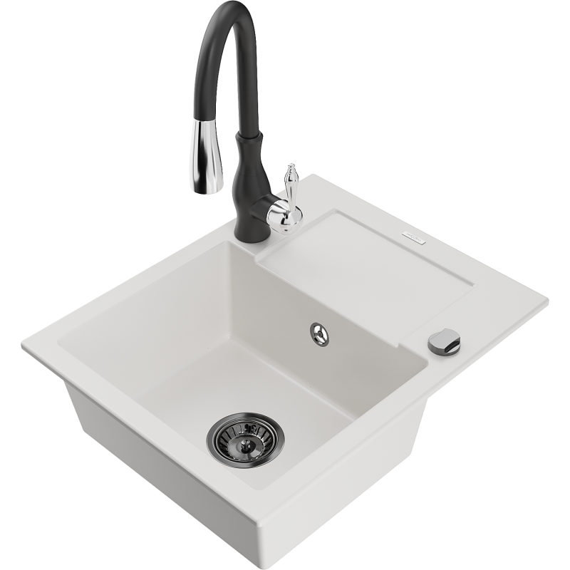 Mexen Enzo 1-compartment granite sink with a drip tray and kitchen mixer tap Savita, White - 6506-20-672601-70