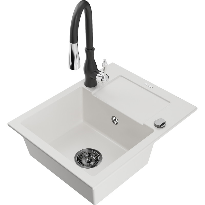 Mexen Enzo granite kitchen sink 1-bowl with drainer and Savita kitchen faucet, white - 6506-20-672601-70