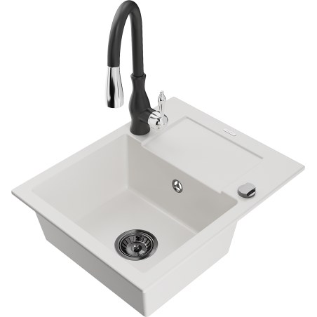 Mexen Enzo 1-compartment granite sink with a drip tray and kitchen mixer tap Savita, White - 6506-20-672601-70