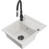 Mexen Enzo 1-compartment granite sink with a drip tray and kitchen mixer tap Savita, White - 6506-20-672601-70