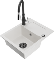 Mexen Enzo 1-compartment granite sink with a drip tray and kitchen mixer tap Savita, White - 6506-20-672601-70
