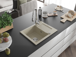 Mexen Enzo 1-bowl granite sink with drainer and Savita kitchen tap, beige - 6506-69-672601-00