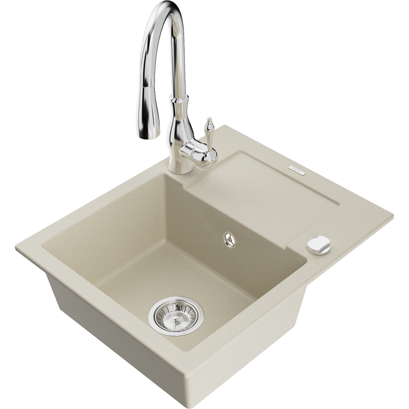 Mexen Enzo 1-bowl granite sink with drainer and Savita kitchen tap, beige - 6506-69-672601-00