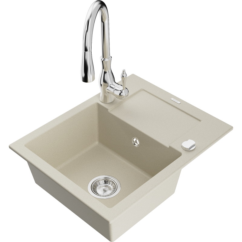 Mexen Enzo granite kitchen sink 1-bowl with drainer and kitchen faucet Savita, beige - 6506-69-672601-00