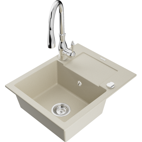 Mexen Enzo 1-bowl granite sink with drainer and kitchen faucet Savita, beige - 6506-69-672601-00