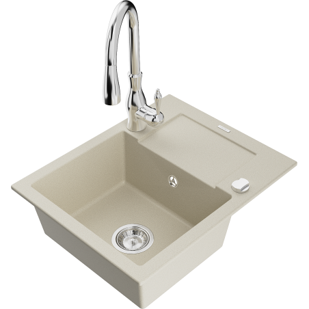 Mexen Enzo 1-bowl granite sink with drainer and Savita kitchen tap, beige - 6506-69-672601-00