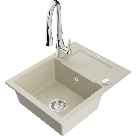 Mexen Enzo granite kitchen sink 1-bowl with drainer and kitchen faucet Savita, beige - 6506-69-672601-00
