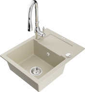 Mexen Enzo 1-compartment granite sink with a drip tray and kitchen mixer tap Savita, Beige - 6506-69-672601-00